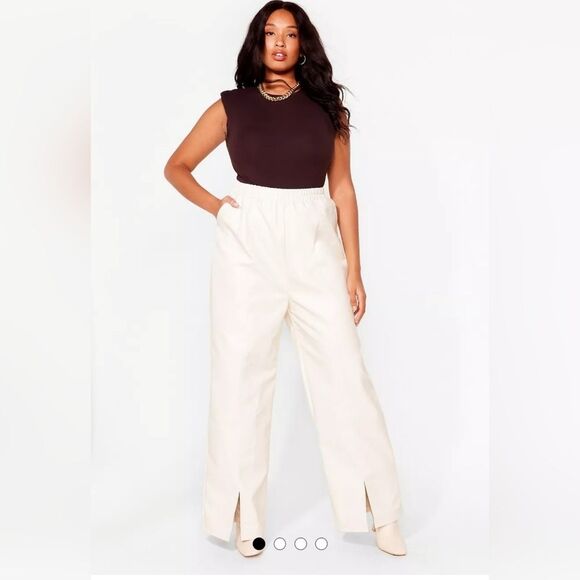 Nasty Gal Faux Leather Split Hem Trouser Cream Pants Size 12 - Picture 1 of 8